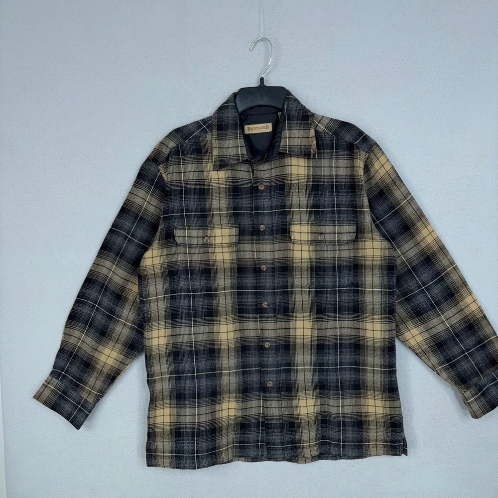 Backpacker Button Up Shirt Mens Medium Tan Plaid Flannel Long Sleeve Gorpcore